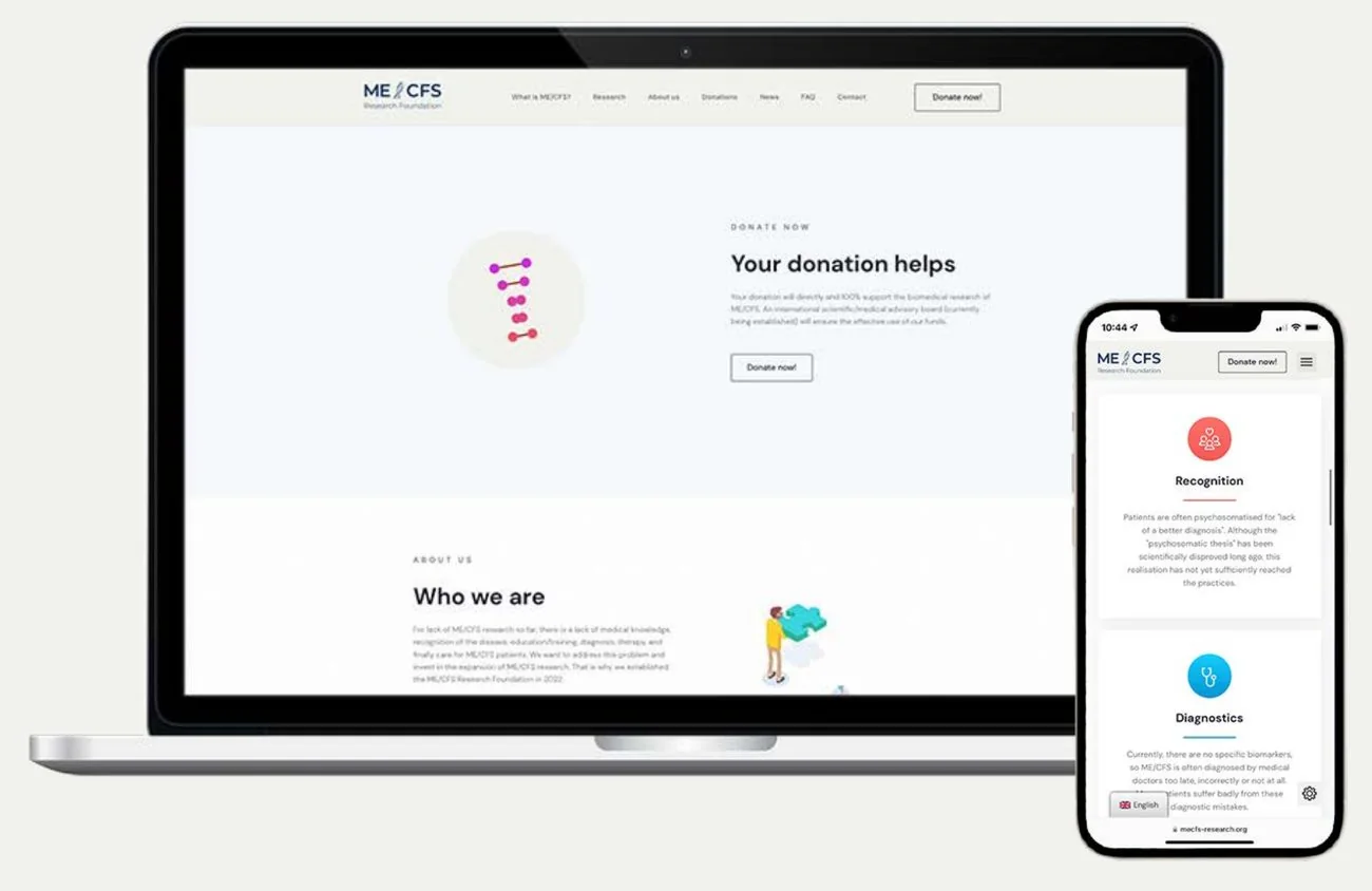 ME/CFS Research Foundation website on laptop and phone