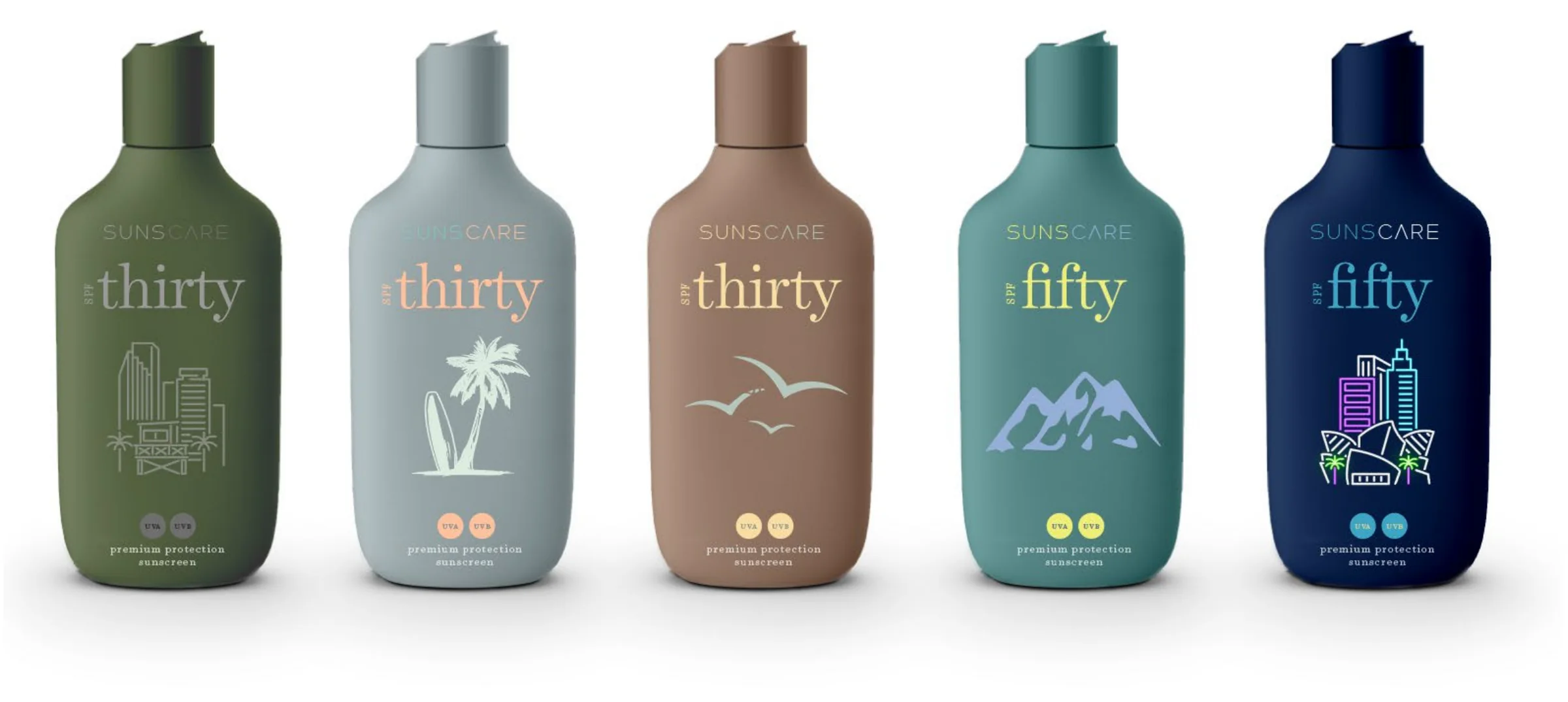 Five SPF variants, each with its own illustration